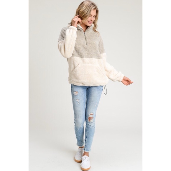 Two Tone Fuzzy Pull Over Sweater - Taupe/Cream - Picture 5 of 8